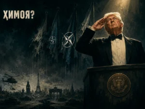 Сахнада туриб салом бераётган Трамп тасвири, орқада НАТО байроқлари вa тор муҳит.