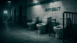 Ёриқ ва ифлос ҳожатхона, учта унитаз ва ногиронлар араваси тўсиғи. Деворда 'МУРУВВАТ?' ёзуви бор.