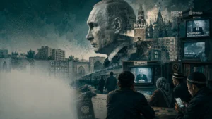 Бир неча одамлар экранда Путин чиқишини томоша қилишмоқда, Кремль ва Россия рамзлари бор.