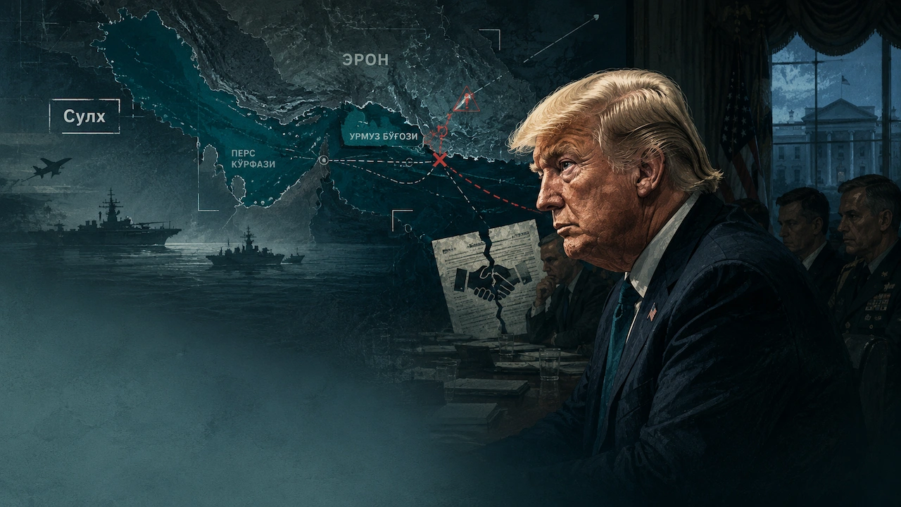 Трамп тасвири, орқа фонда Эрон харитаси ва ҳарбий ҳаракатларга ишора қилувчи элементлар