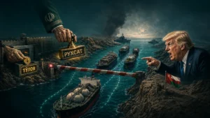 Ҳурмуз бўғозида ёпиқ тўсиқ ва турли кемалар. Бир тарафда Эрон ҳарбийлари, иккинчи тарафда АҚШ расмийси кўрсатилган.