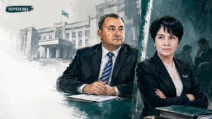 Ҳокимлик мажлисида икки масъул шахс муҳокама пайтида. Бир киши дафтар билан ўтирибди, иккинчи киши қўлларини кўкрагида бириктирган ҳолатда.