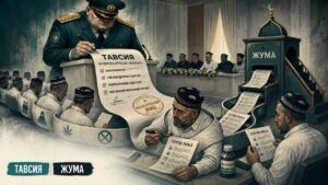 ИИБ амалдори минбарда ўтирган имом-хатибларга тавсиялар руйхатини тарқатмоқда ва улар минбардан ваъз айтиш учун ушбу руйхатларни қабул қилмоқда.