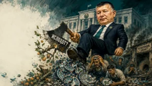 Марказда катта топон пиёда ёпикан расмий шахснинг қатъий қиёфаси, айланада қулагин кулолчилик, кесилаётган ўрик ва кўнгли синган ишчилар акс этган.
