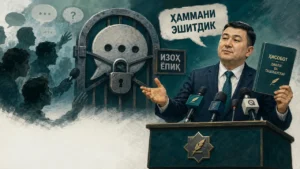 Журналистлар уюшмаси раиси минбарда ҳисобот бериб турибди, орқада эса изоҳларни ёпиб қўйилганлиги акс этган иллюстрация.