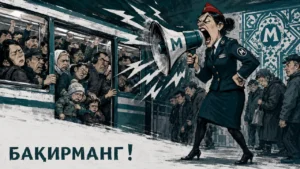 Вагон олдида ғазаб билан баланд овозда гапираётган аёл ходим ва метрополитен йўловчилари тасвири.