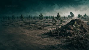 Янги экилган кўчатлар, фонида бурунги эр ва техника