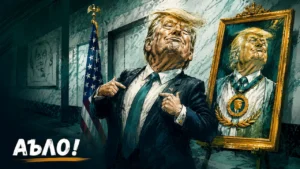 Доналд Трамп расмий муҳитда, портрет ва АҚШ байроғи ёнида турибди.