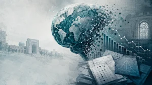 Кўк рангли тонларда чўзилган тўқ қора майна, атрофида статистика, IQ тестлари ва графиклар билан. Орқа фонда маданий иншоот силуети кўринади.