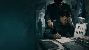 Икки нафар милиция ходими стол атрофида ҳужжатлар билан ишламоқда, қағозда '5 та' деб ёзилган, ҳужжатлар, фон ва бир нафар одам силуети кўринмоқда.
