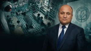 Мактуборат хоналарида болалар ва катта киши кузатув камераси остида. Олдинда костюмдаги эркак портрети.