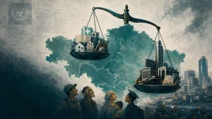Тасвирда катта тарозининг бир палласида шаҳар ва замонавий бинолар, иккинчи палласида эса мактаб, шифохона ва китоблар. Тарозининг ортида Марказий Осиё харитаси фон сифатида берилган. Олдинги планда бир неча одамлар турибди.