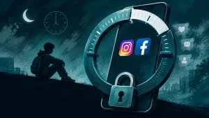 Тунги вақтда ўз-ўзига бўшликда ўтирган ўсмир ва қурилмада Instagram ҳамда Facebook логотиплари. Экранда қулф белгиси, фонида эса турли ижтимоий тармоқ иконкалари.