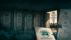 Ҳуқуқий ҳужжатлар ва жабҳада дастурхон ёнида ўтказилаётган кенгаш ичида одамлар, эшикларда Жамоатчилик кенгашлари номлари ва логотиплари.
