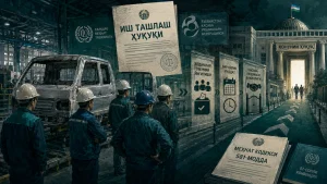 Заводда турли ишчилар ва иш ташлаш ҳуқуқига доир ҳужжатлар ва тақиқлар акс этган тасвир.