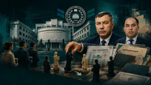 Жаҳон тиллари университети раҳбарлари, фанлар тақсимоти ва аккредитация ҳужжатлари тасвирланган иллюстрация.