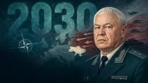 Саройли формадаги катта ёшли эркак, Европа харитаси ва 2030 сони тасвири, НАТО логотипи ва ҳарбий техника кўрсатилган.