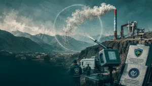 Асфальт заводи самодан тутун чиқармоқда, тоғлар ва қишлоқ фонида, ҳимоя кийимларидаги шахслар кузатмоқда.