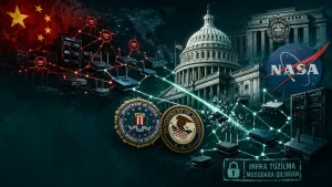 Кўринишда, Хитой байроғи, Вашингтон Капитолий биноси, NASA логотипи ва давлат герблари ўртасида кибералоқа тармоғи орқали хужум ифодаланган иллюстрация.