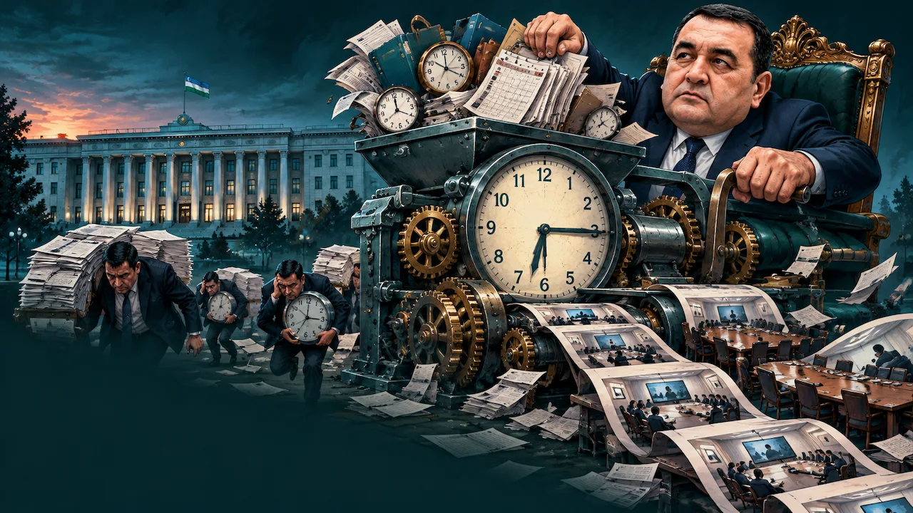 Чарчайган амалдорлар қоғоз ва соатлар орасида йиғилишларга иштирок этмоқда, олдирда бинода Ўзбекистон байроғи кўтарилган.