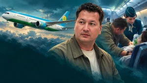 Самолётдаги шифокор ва стюардесса ёрдами билан аёлга кўрсатилаётган тиббий ёрдам ва учишдаги самолёт тасвири.