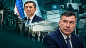 Тасвирда Ўзбекистон Давлат Жаҳон Тиллари Университети биноси, давлат рамзлари, вазир ва илмий ташкилотчилар кўрсатилган.