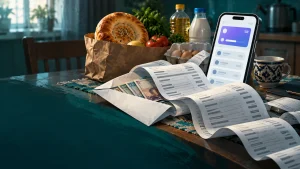Овқат маҳсулотлари, пул ва узун чеклар ёнида мобил телефон кўрсатилган стол, бу оила бюджетини ташкил этувчи қарз ва харажатларни акс эттиради.