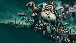 Король тахтда ўтирган гаджет қўлида такси ва курьер машиналарини бошқармоқда, орқа фонда Яндекс марказлари ва дог ёқилмоқда.