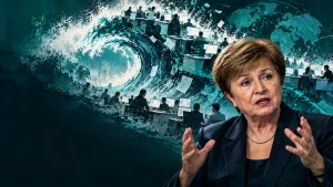 Аёл раҳбар сўзламоқда, орқада офис ходимлари ва сунъий интеллект тўлқини